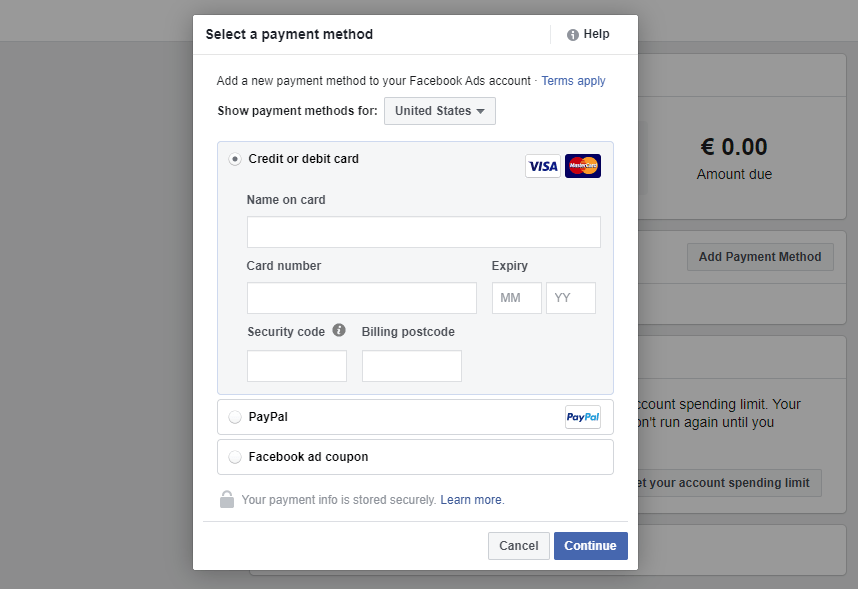 选择Facebook广告付款方式