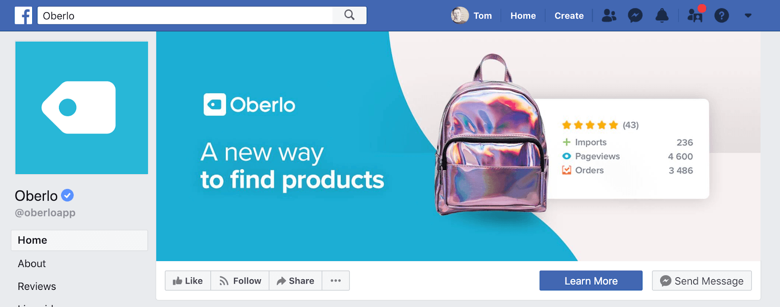 Oberlo的Facebook页面
